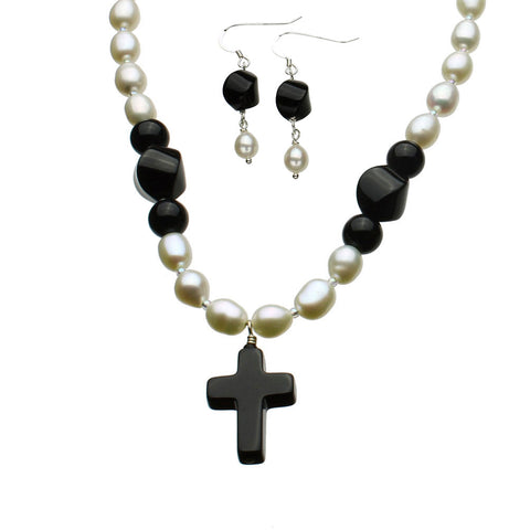 Black Onyx Stone Cross Freshwater Cultured Pearls Sterling Silver Necklace Set 16 inches+2 inches