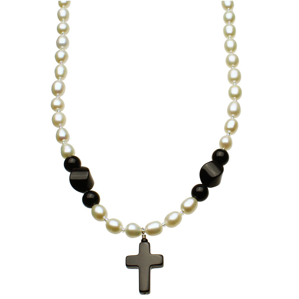 Black Onyx Stone Cross Freshwater Cultured Pearls Sterling Silver Necklace 16 inches+2 inches