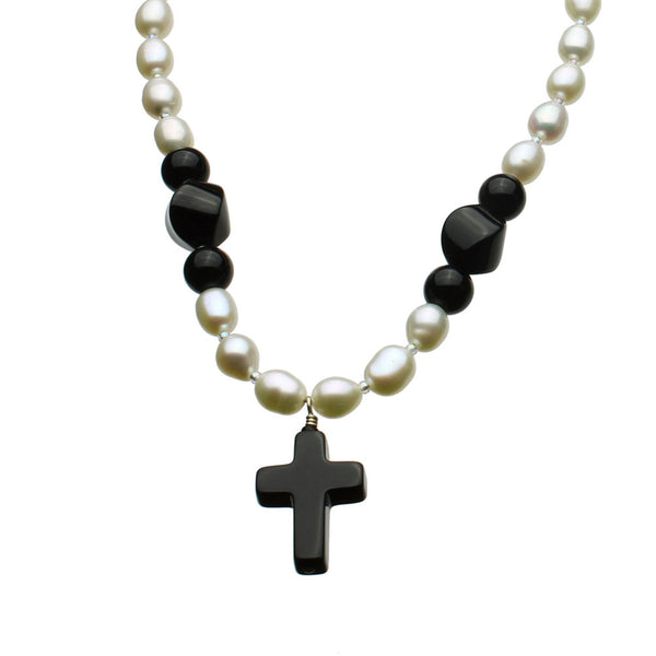 Black Onyx Stone Cross Freshwater Cultured Pearls Sterling Silver Necklace Set 16 inches+2 inches