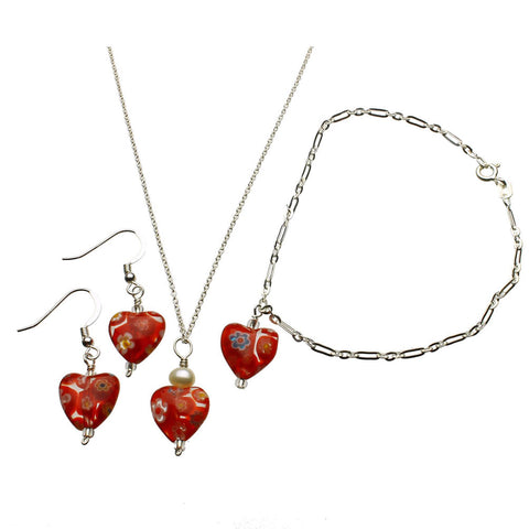 Sterling Silver Murano-style Glass Heart Charm Pendant Chain Necklace Set 18 inches
