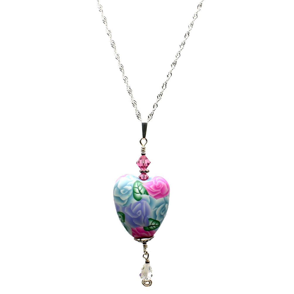 Artisan Flower Heart Pendant Sterling Silver Singapore Chain Necklace, 18 inches