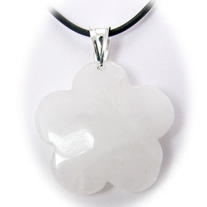 White Jade Flower Stone Pendant Rubber Cord Necklace     