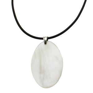 White Shell Oval Pendant Rubber Cord Necklace Sterling Silver Bail 18 inches