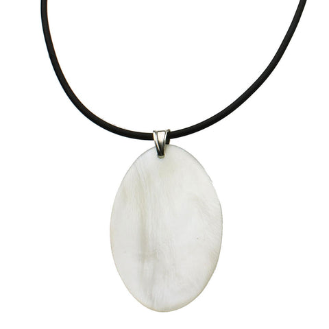 White Shell Oval Pendant Rubber Cord Necklace Sterling Silver Bail 18 inches