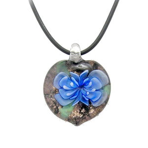 Blue Murano-style Glass Flower Heart Pendant Rubber Cord Necklace, 18 inches