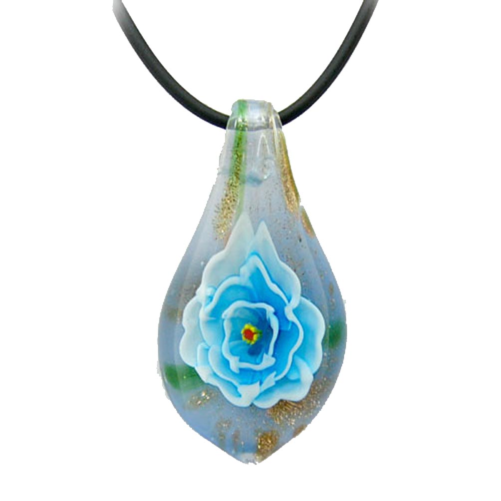 Aqua Murano-style Glass Flower Leaf Tie Pendant Rubber Cord Necklace, 20 inches