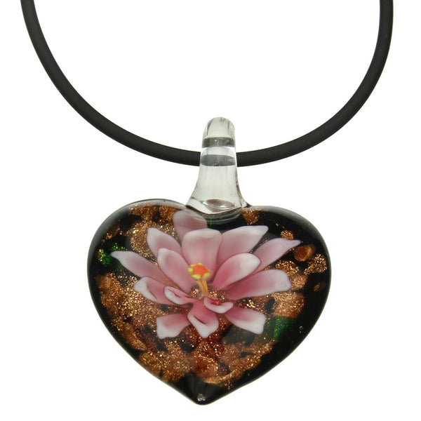 Pink Murano-style Glass Flower Heart Pendant Rubber Cord Necklace