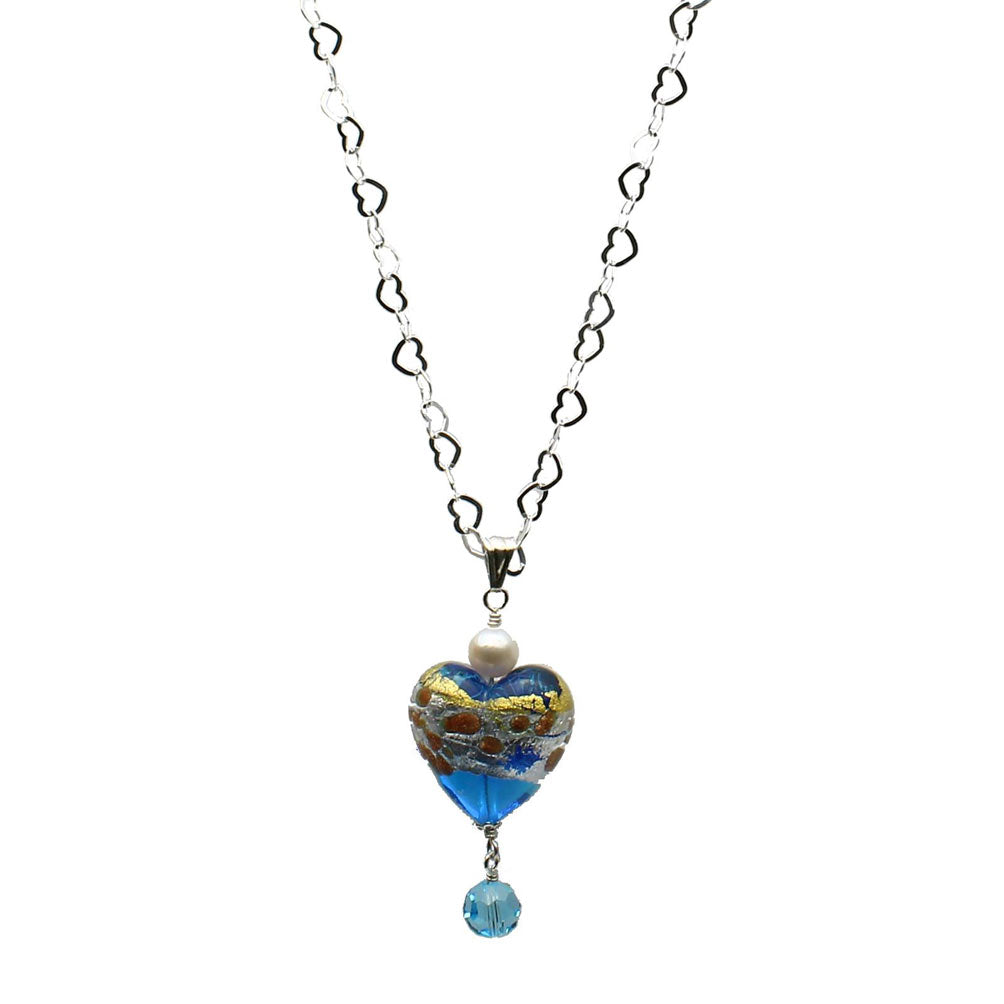 Aqua Murano-style Glass Heart Pendant Sterling Silver Flat Chain Necklace, 30 inches