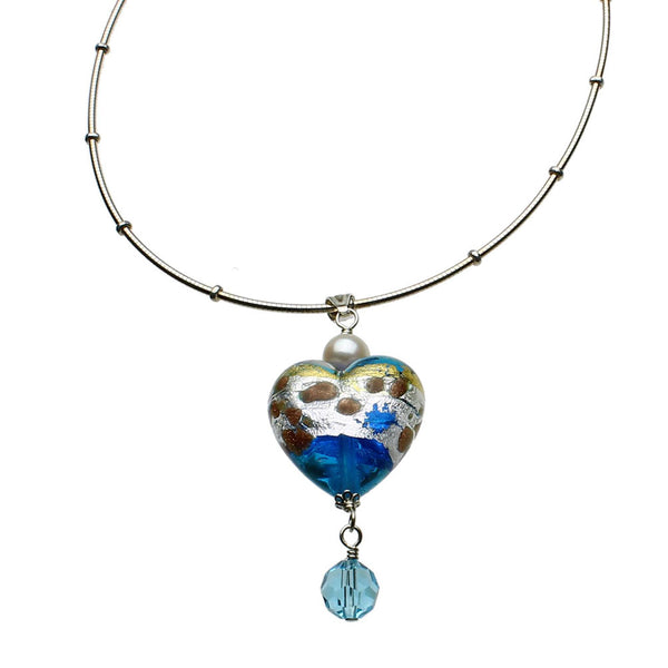 Aqua Murano-style Glass Pendant Sterling Silver Omega Beads Chain Necklace 16 inches+2 inches Extender