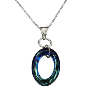 Sterling Silver Flat Cable Chain Necklace Oval Bermuda Blue Crystal Pendant