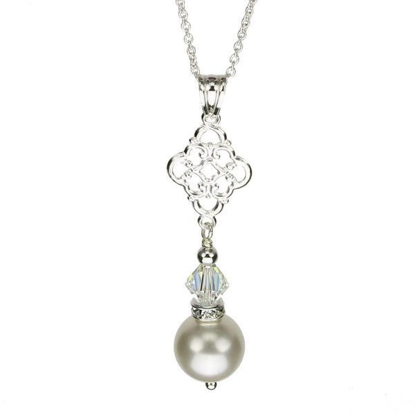 Sterling Silver Cable Chain Necklace Crystal Simulated Pearl Pendant