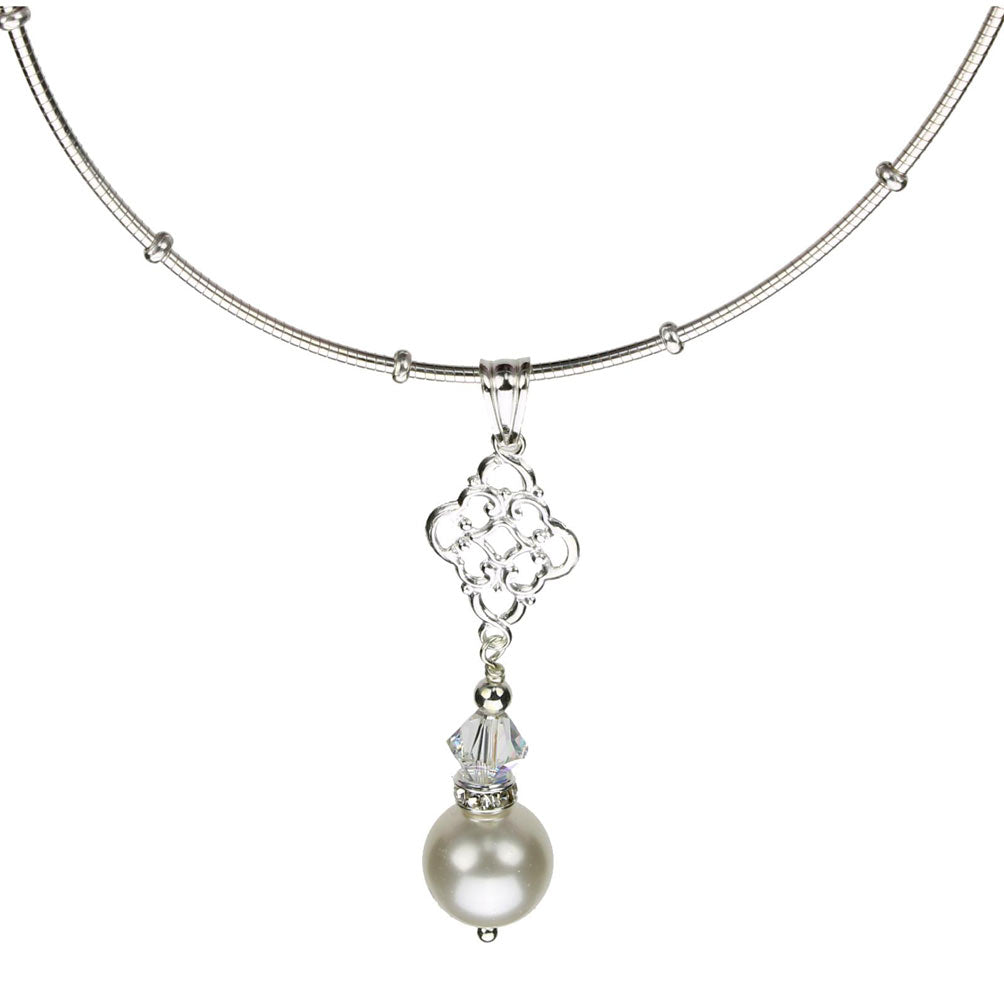 Sterling Silver Omega Beads Necklace Crystal Simulated Pearl Pendant, 16 inches+2 inches Adjustable