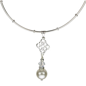 Sterling Silver Omega Beads Necklace Crystal Simulated Pearl Pendant, 16 inches+2 inches Adjustable