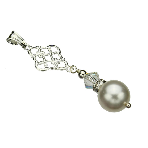 Sterling Silver Cable Chain Necklace Crystal Simulated Pearl Pendant