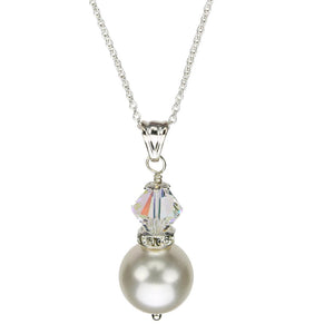 Sterling Silver Cable Chain Necklace Crystal Simulated Pearl Pendant, 18 inches