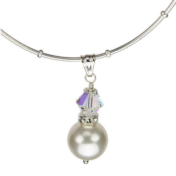 Sterling Silver Omega Beads Station Necklace Crystal Simulated Pearl Pendant 16 inches+2 inches