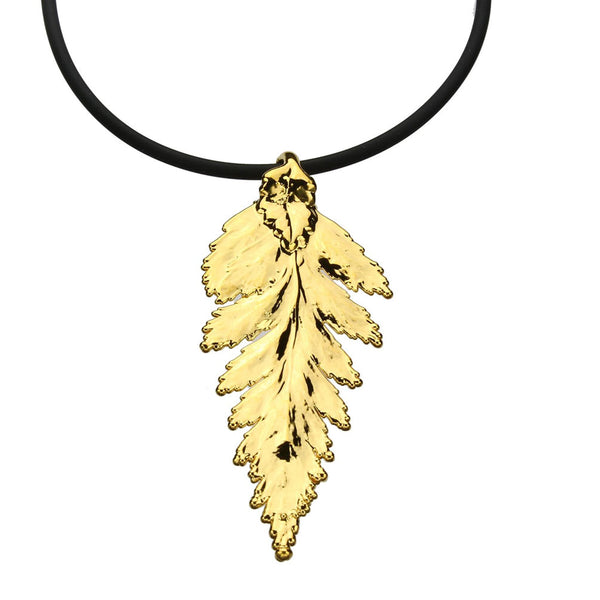 Gold-Plated Fern Real Leaf  Pendant Sterling Silver Rubber Cord Necklace, 18 inches