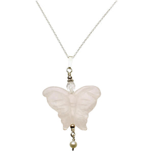 Pale Rose Quartz Stone Butterfly Pendant Sterling Silver Cable Chain Necklace