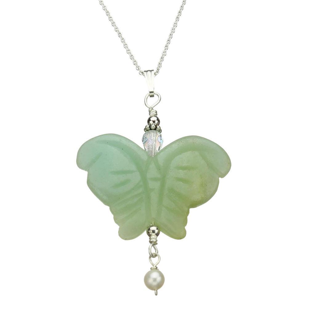Simulated Amazonite Stone Butterfly Pendant Sterling Silver Cable Chain Necklace