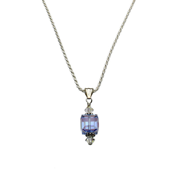Blue Sterling Silver Diamond-Cut Rope Chain Necklace Crystal Cube Pendant