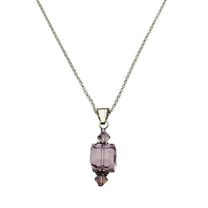 Purple Sterling Silver Cable Chain Necklace Crystal Cube Pendant 18 inches
