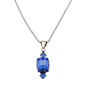 Blue Sterling Silver Cable Chain Necklace Crystal Cube Pendant 18 inches