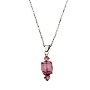 Pink Sterling Silver Cable Chain Necklace Crystal Cube Pendant 18 inches