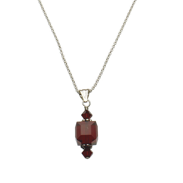 Red Sterling Silver Cable Chain Necklace Crystal Cube Pendant 18 inches