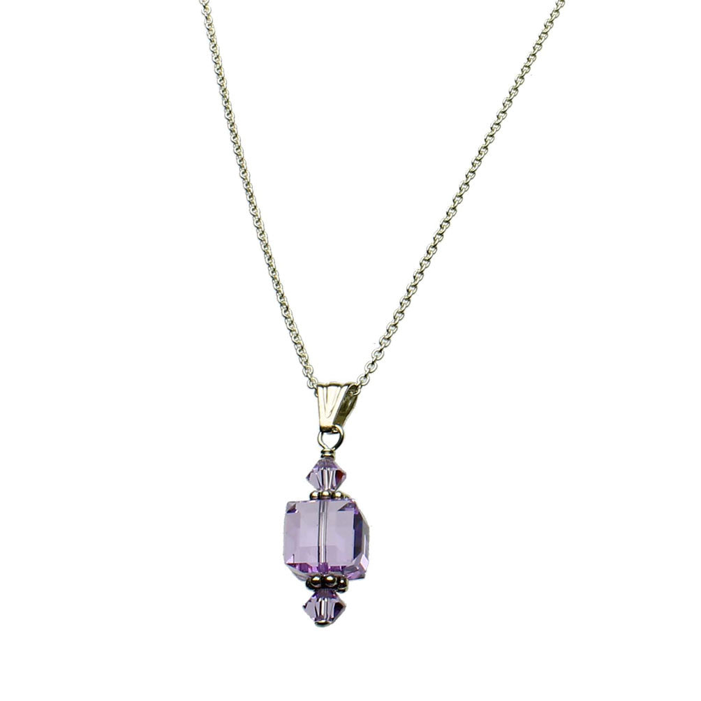 Violet Sterling Silver Cable Chain Necklace Crystal Cube Pendant 18 inches
