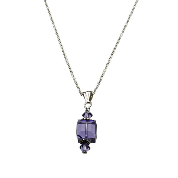 Blue-Violet Sterling Silver Cable Chain Necklace Crystal Cube Pendant 18 inches