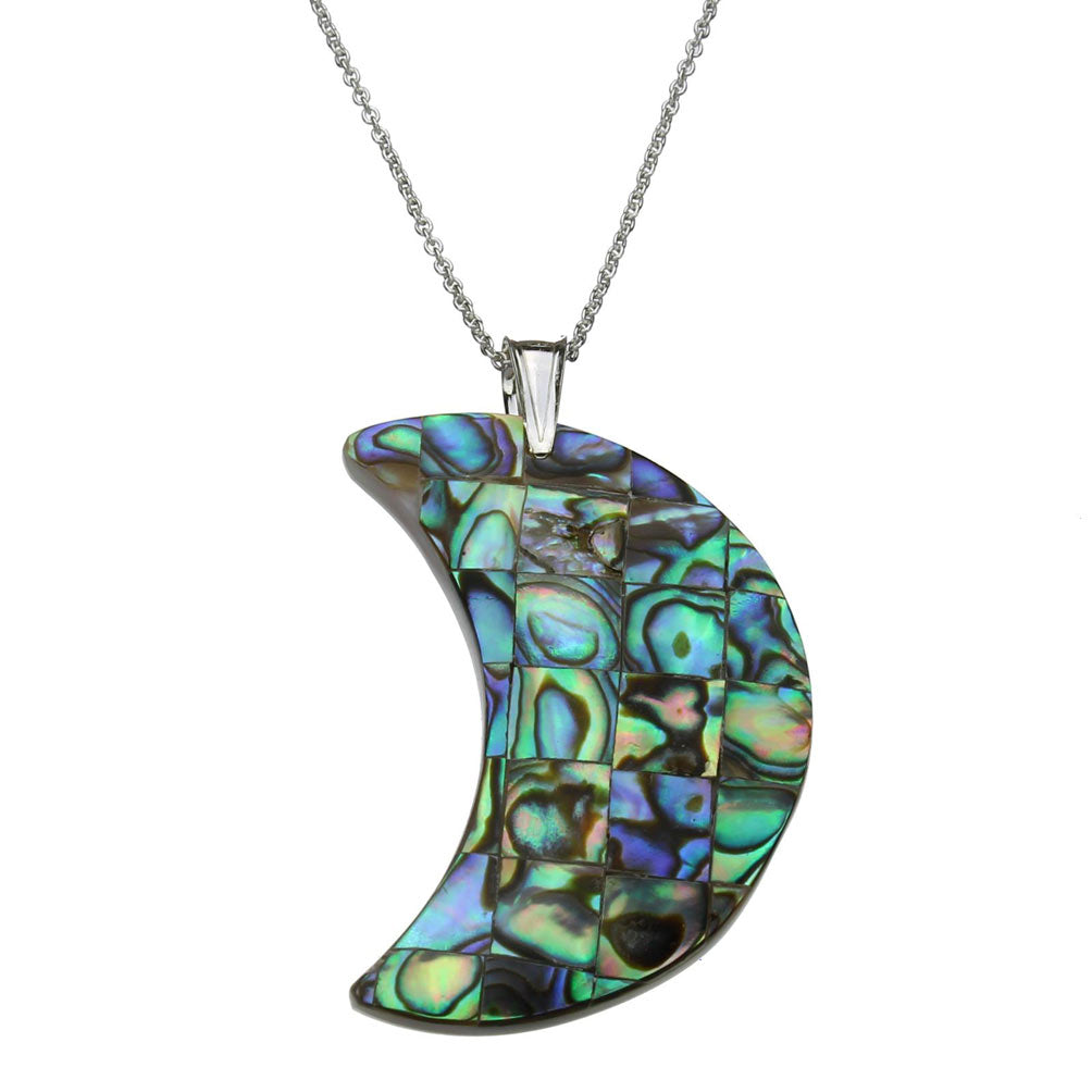 Abalone Shell (Assembled) Mosaic Crescent Moon Pendant Sterling Silver Cable Chain Necklace