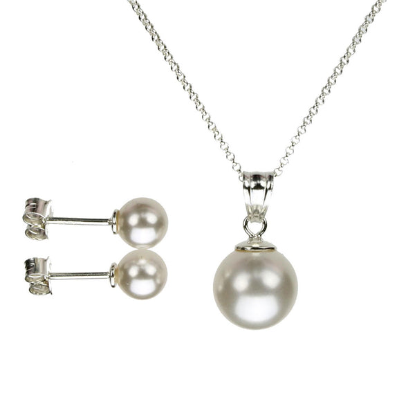 Sterling Silver Chain Necklace Earrings Crystal Simulated Pearl Pendant