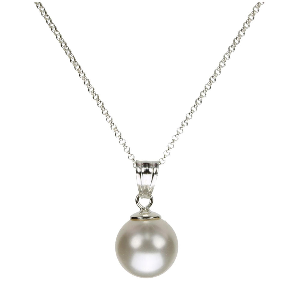 Sterling Silver Cable Chain Necklace 10mm Crystal Simulated Pearl Pendant