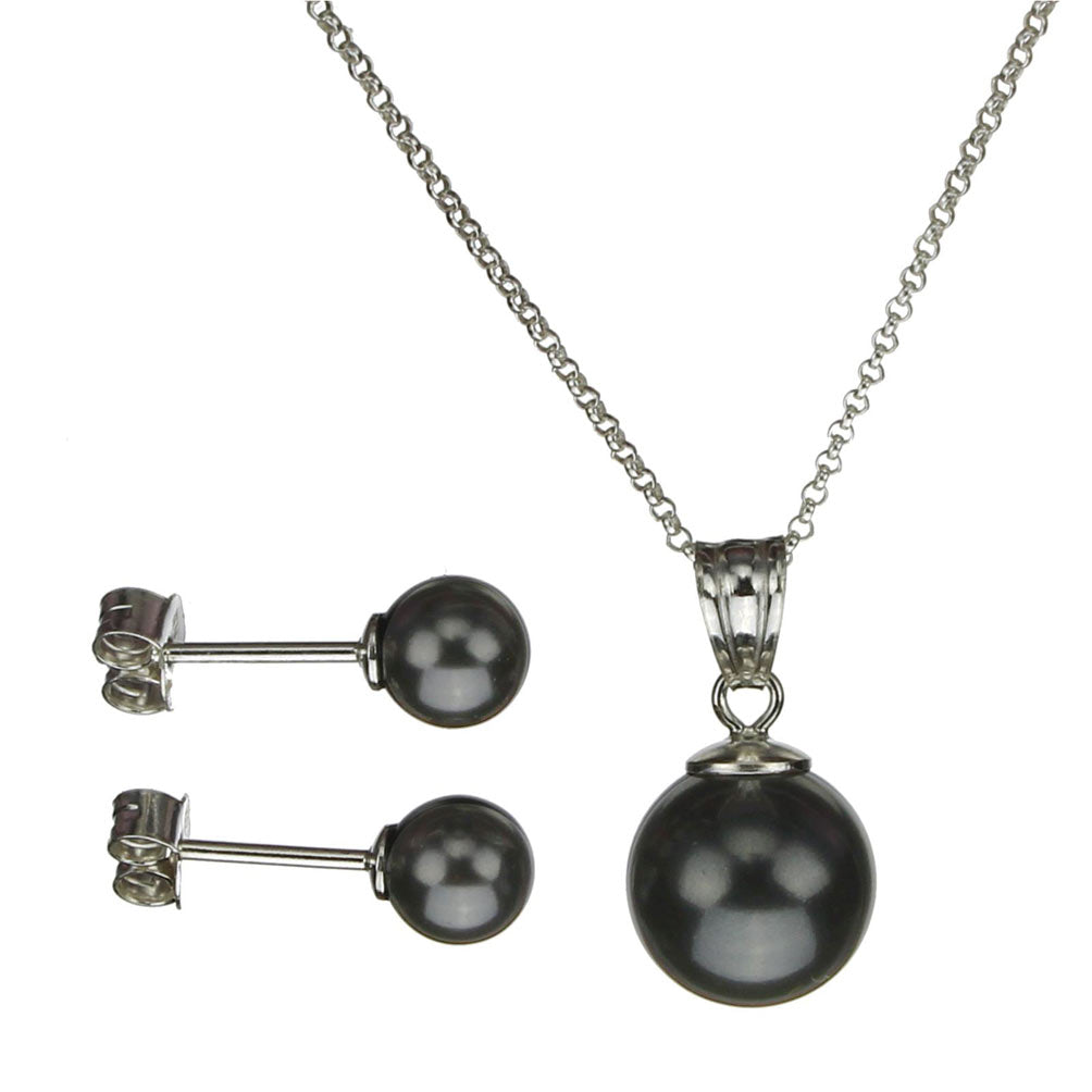 Sterling Silver Chain Necklace Earrings Black Crystal Simulated Pearl Pendant