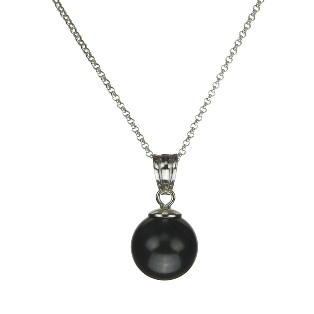 Sterling Silver Cable Chain Necklace Black Crystal Simulated Pearl Pendant