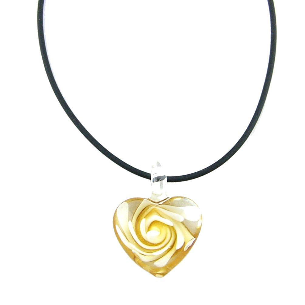 Yellow Murano-style Glass Flower Heart Pendant Rubber Cord Necklace