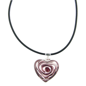 Purple Murano-style Glass Flower Heart Pendant Rubber Cord Necklace