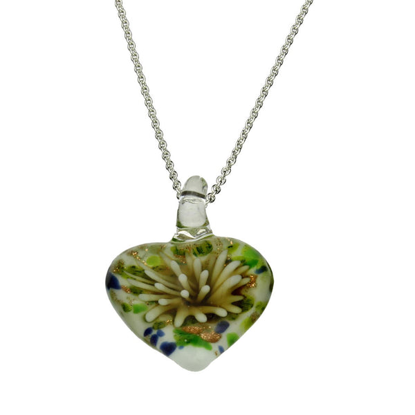 Small Murano-style Glass Flower Heart Pendant Sterling Silver Cable Chain Necklace, 14 inches