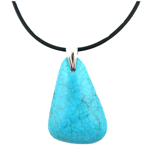 Simulated Turquoise Stone Pendant Rubber Cord Choker Necklace Sterling Silver Bail