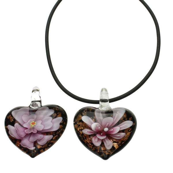 2 Pink Murano-style Glass Flower Heart Pendant Rubber Cord Necklace