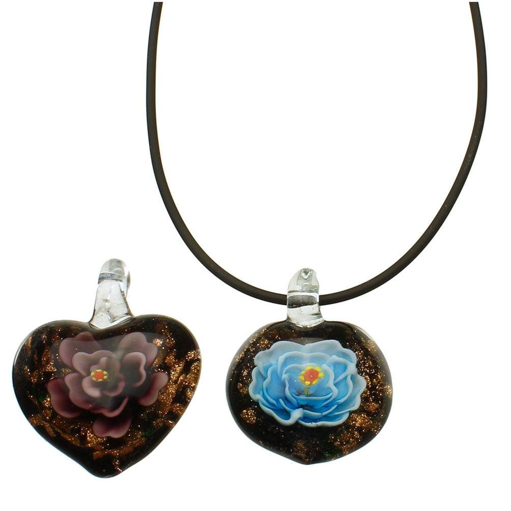 Purple Aqua Murano-style Glass Flower Heart Pendant Rubber Cord Necklace