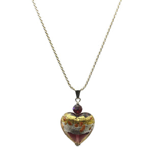 Purple Murano-style Glass Heart Pendant Sterling Silver Diamond-Cut Rope Chain Necklace