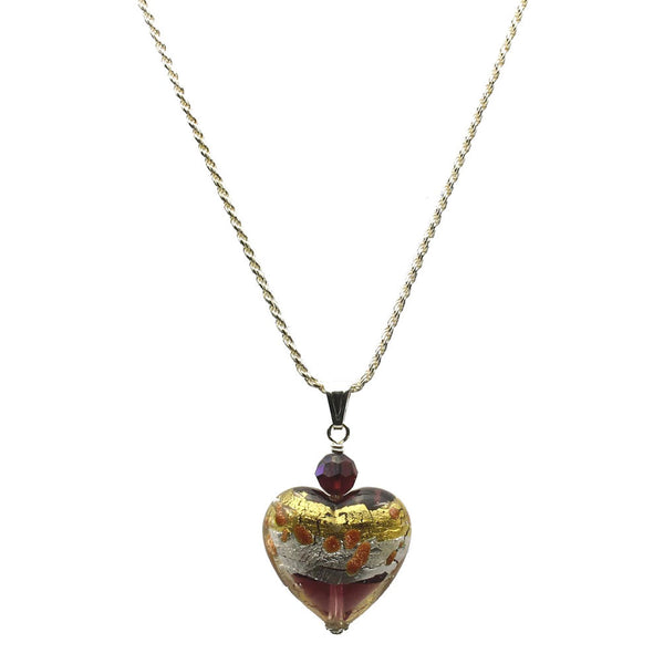 Purple Murano-style Glass Heart Pendant Sterling Silver Diamond-Cut Rope Chain Necklace 18 inches