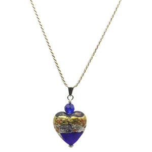 Blue Murano-style Glass Heart Pendant Sterling Silver Diamond-Cut Rope Chain Necklace 18 inches