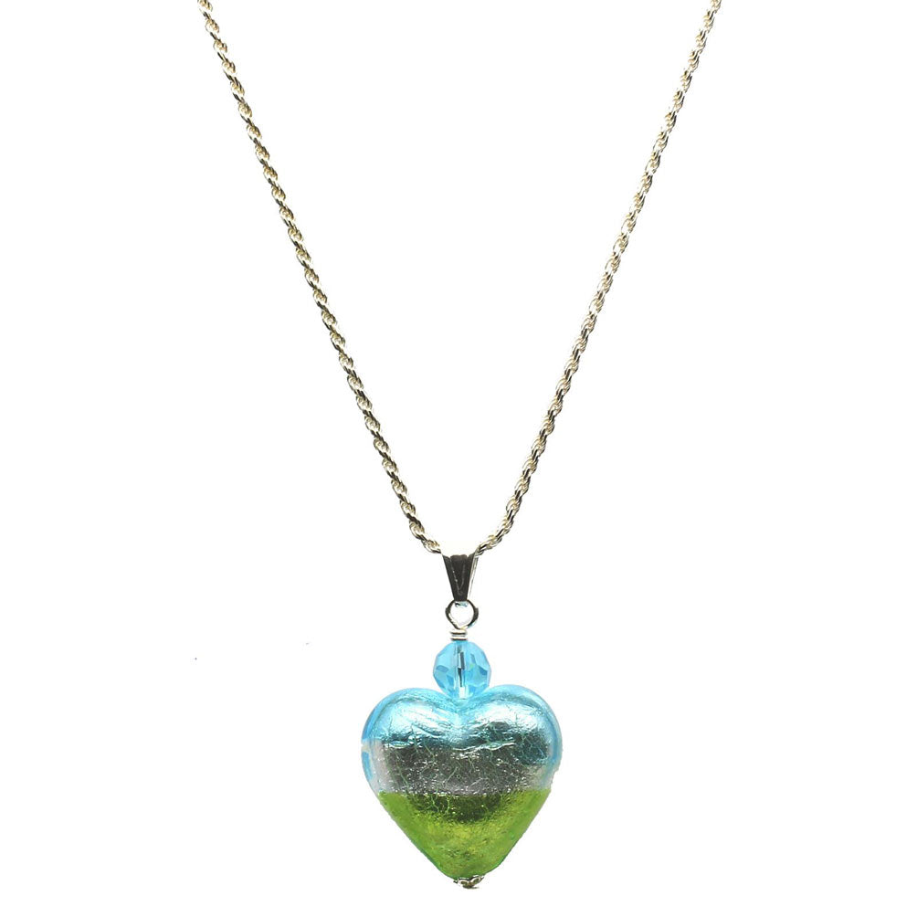 Aqua Lime Green Murano-style Glass Heart Pendant Sterling Silver Diamond-Cut Rope Chain Necklace