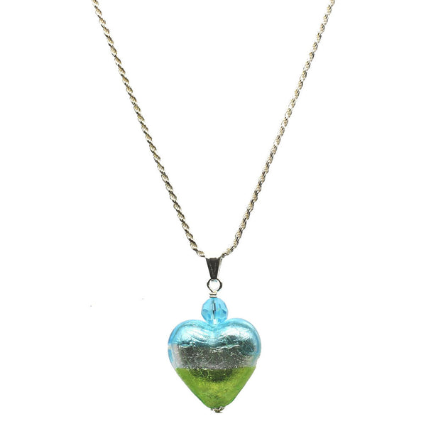 Aqua Lime Green Murano-style Glass Heart Pendant Sterling Silver Diamond-Cut Rope Chain Necklace 18 inches