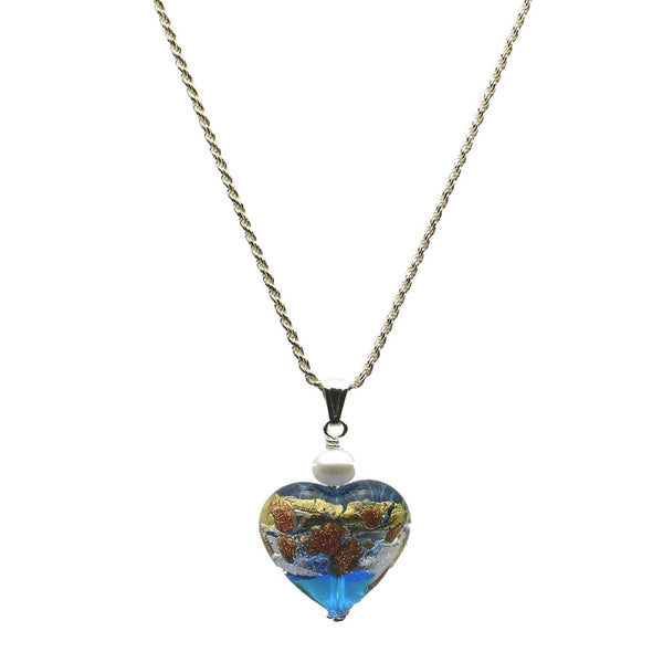 Aqua Murano-style Glass Heart Pendant Sterling Silver Diamond-Cut Rope Chain Necklace 18 inches