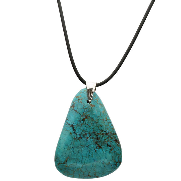 Simulated Turquoise Stone Pendant Rubber Cord Choker Necklace Sterling Silver Bail