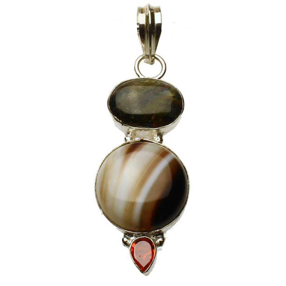 Sterling Silver Sardonyx Agate Labradorite Stone Cubic Zirconia Pendant, Large Bail, India