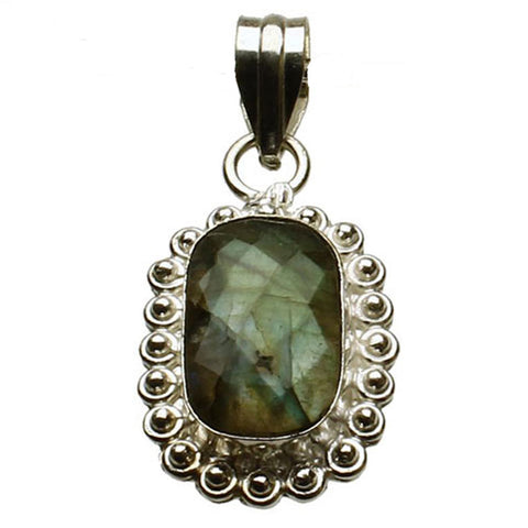 Sterling Silver Faceted Labradorite Stone Scallop Edge Pendant, Large Bail, India